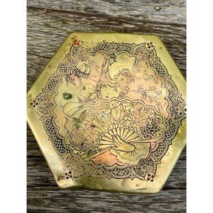Antique 1920s Artstyle Chocolate tin Box Brass Lid With Girl And Fan